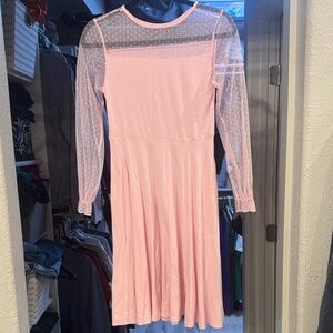 Elegant Pink Dress with Sheer Polka Dot Sleeves